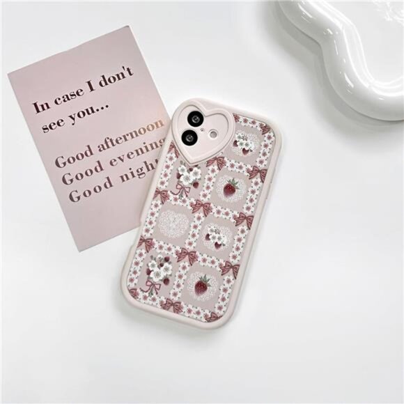 Lace Floral Strawberry Bow iPhone 16 Case Soft Pink Kawaii Shockproof - Picture 6 of 7